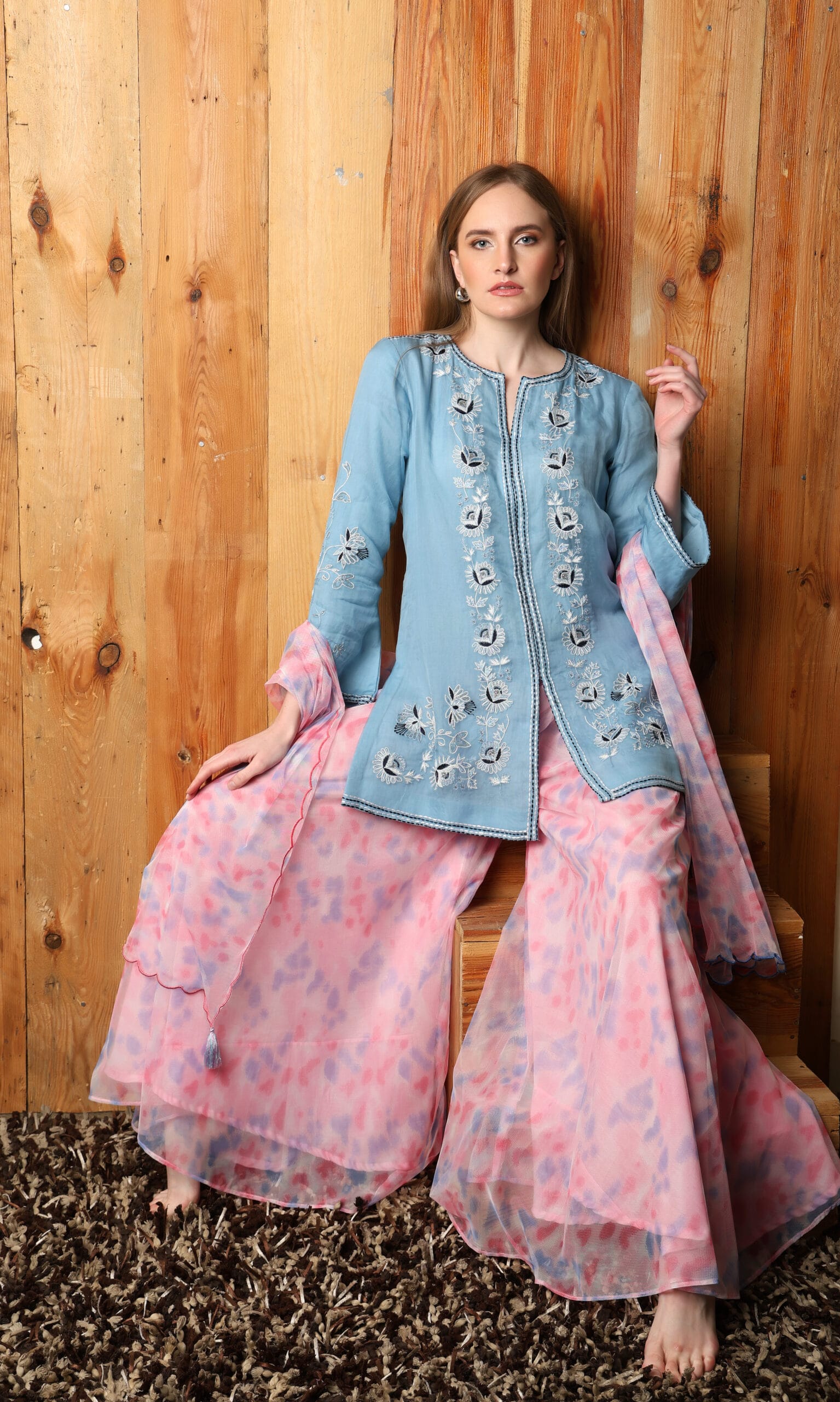 Exquisite hand-embroidered kurti,palazzo dupatta set, featuring delicate craftsmanship and a graceful color gradient. Designed for elegance and style, perfect for festive occasions, weddings, and special events