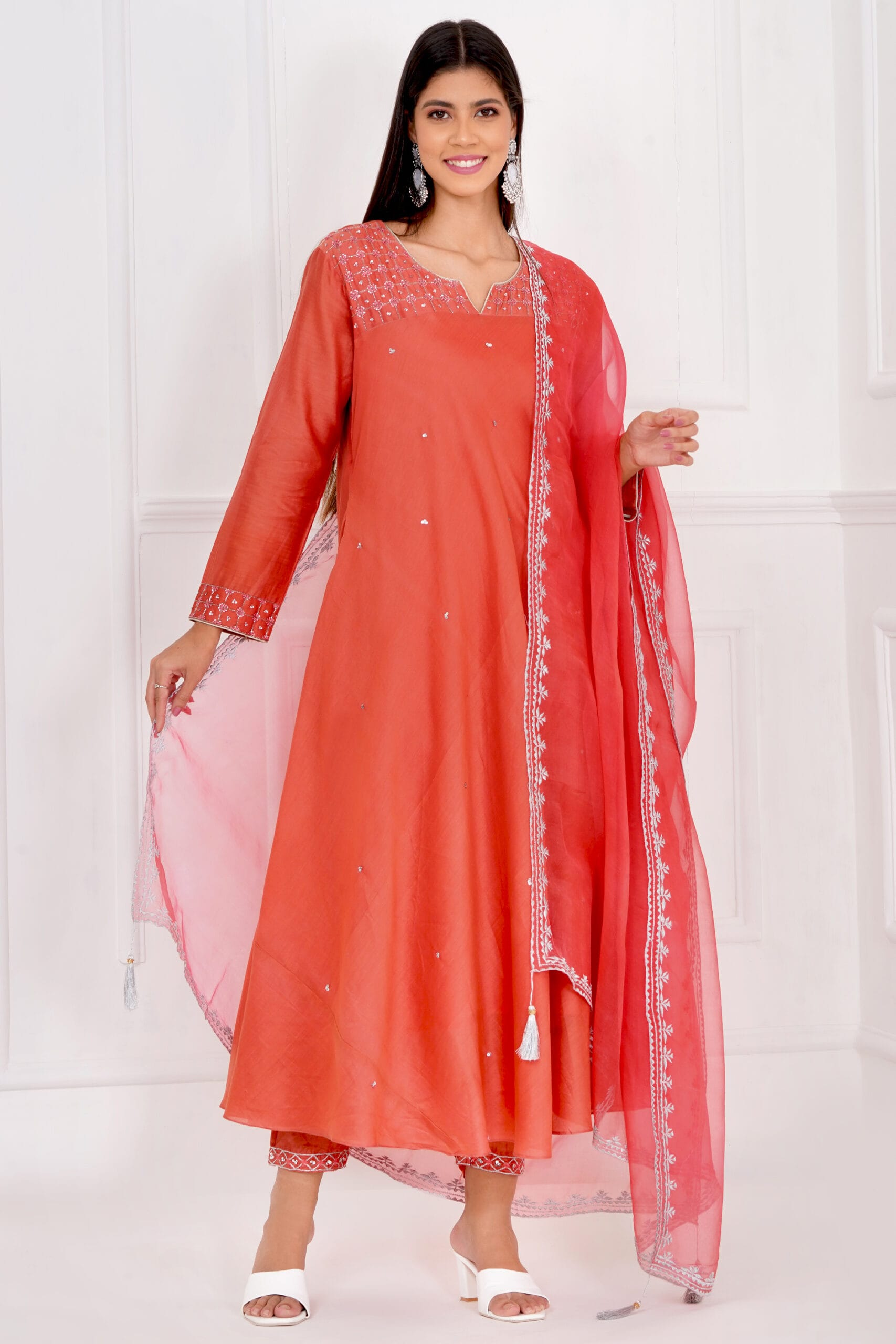"Exquisite hand-embroidered rose brown circular kurta paired with pants with dupatta featuring delicate craftsmanship and a graceful color gradient. Designed for elegance and style, perfect for festive occasions, weddings, and special events