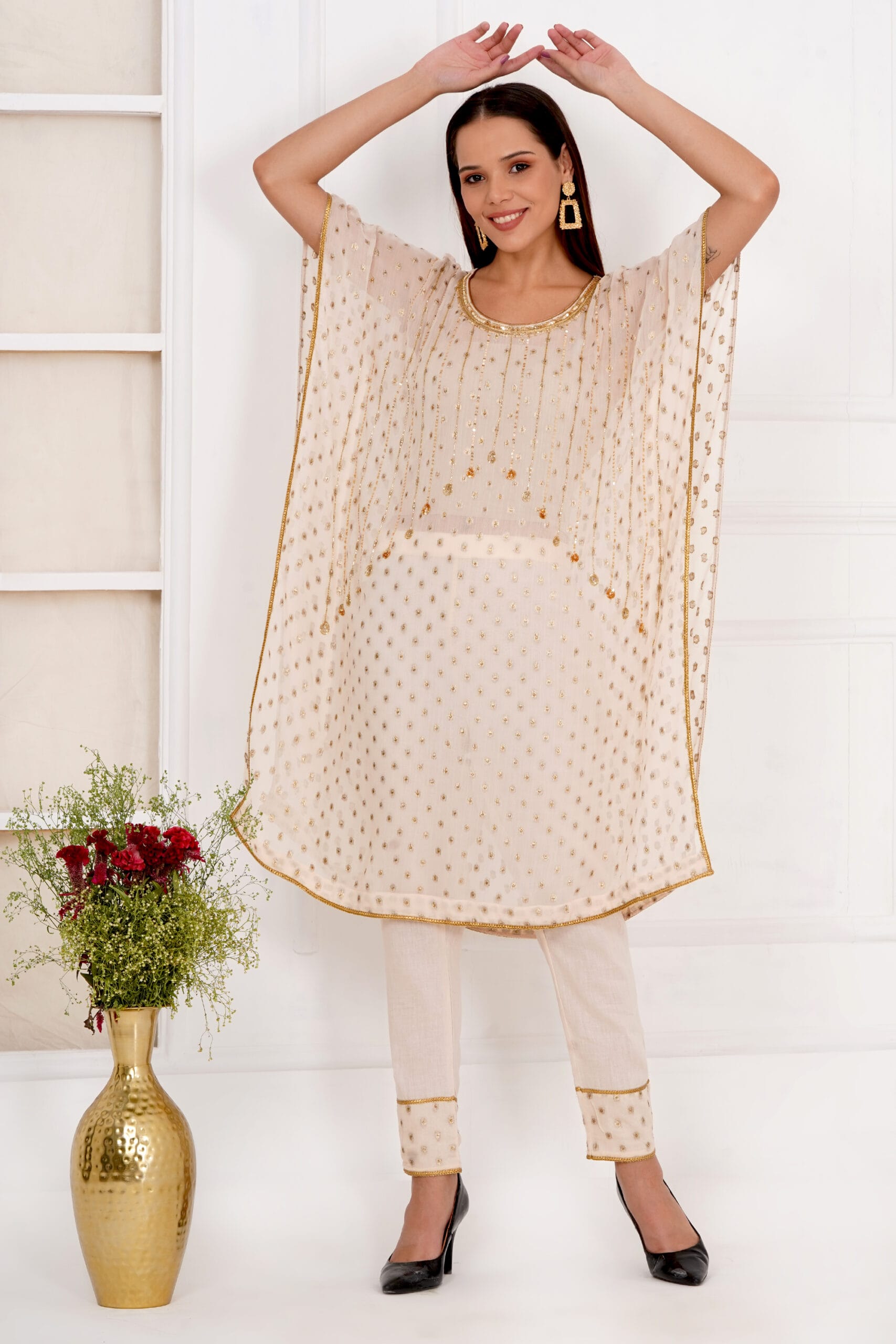 House of vyana's royal beige hand embroidery kaftan