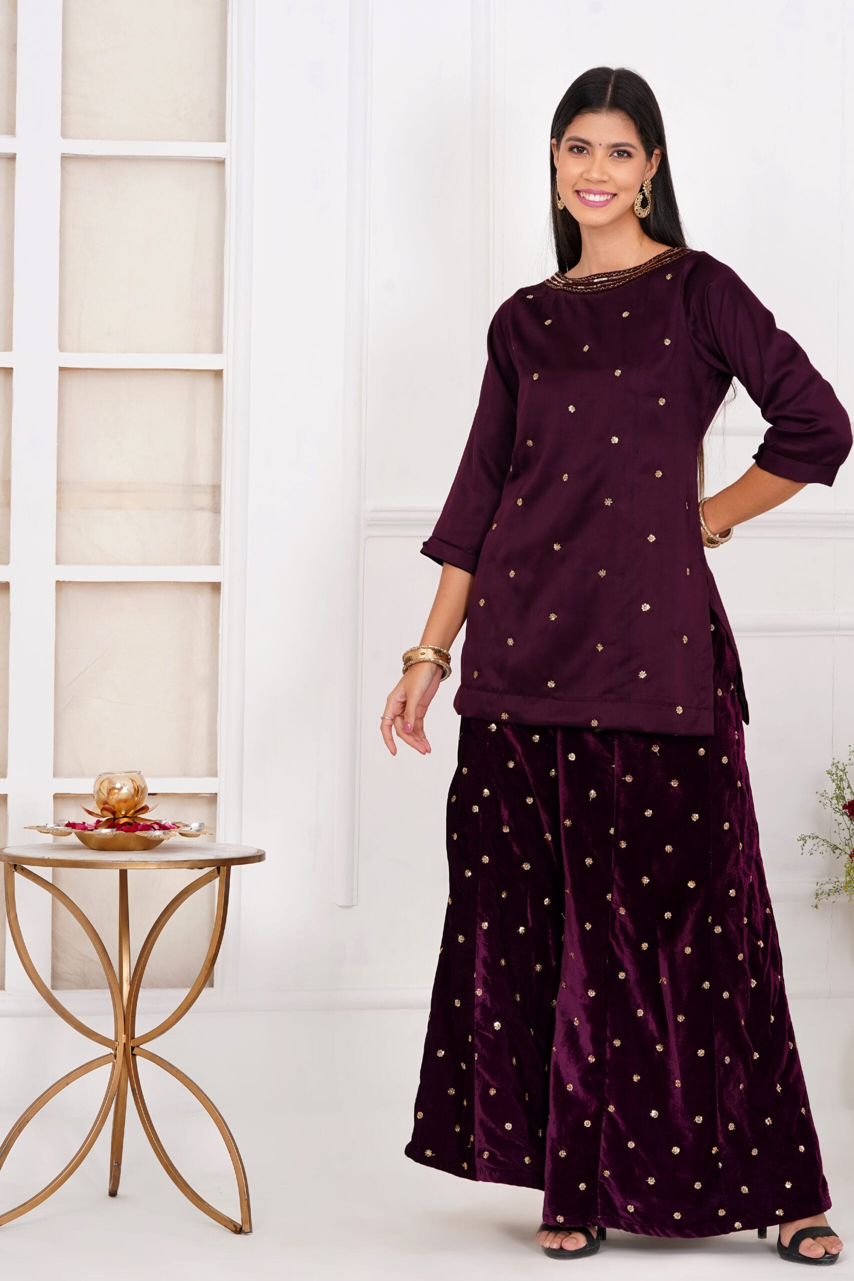 House of vyana's royal wine velvet sharara paired with satin top