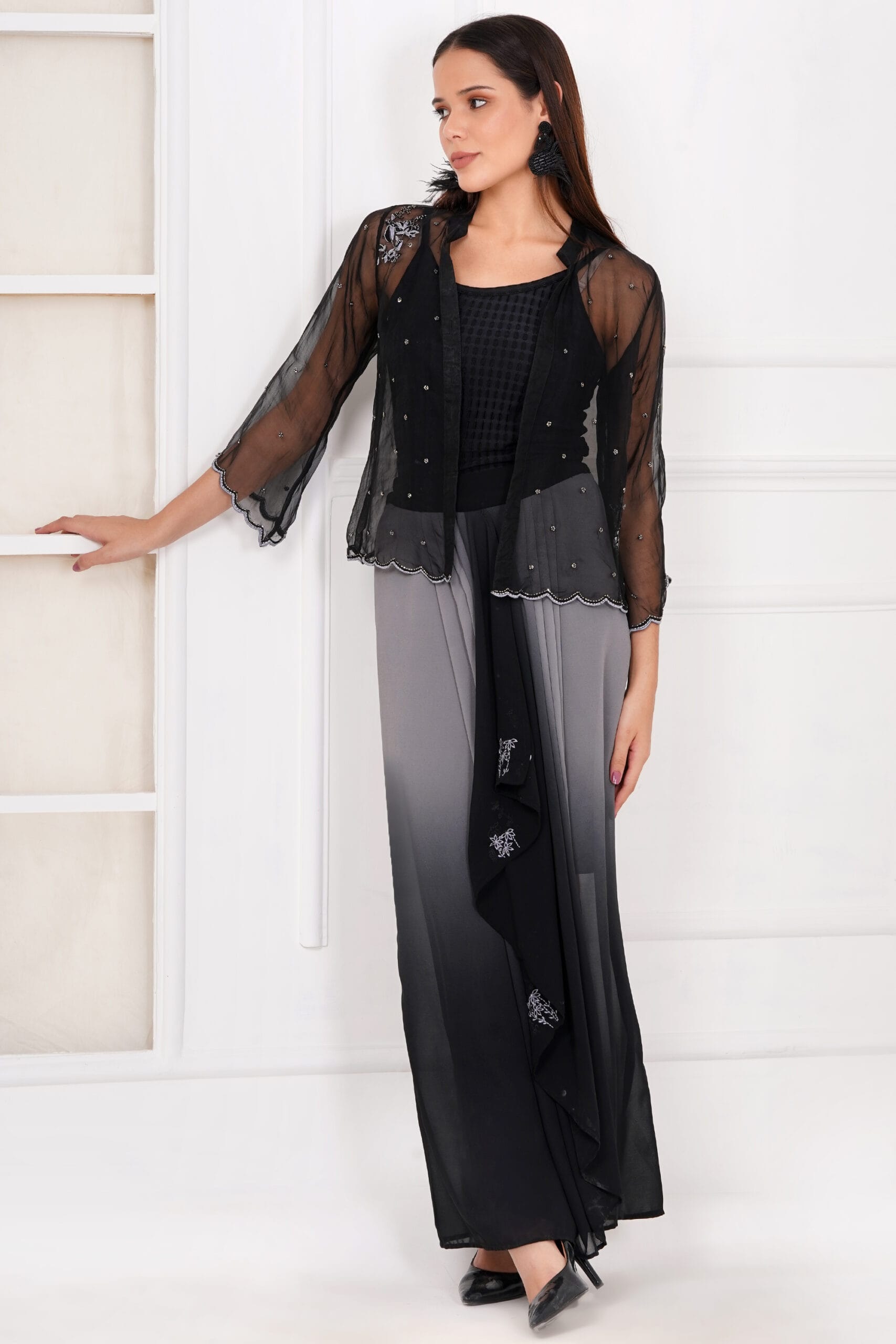 Exquisite hand-embroidered ombre skirt and top set, featuring delicate craftsmanship and a graceful color gradient. Designed for elegance and style, perfect for festive occasions, weddings, and special events.